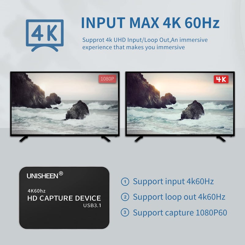 UNISHEEN USB 3.0 Game Capture Card 4K HDMI Video Adapter Card, Broadcast Live Stream and Record, HDMI to USB 3.0 Dongle HD 1080P Live Streaming Video Game Grabber Converter - Image 4